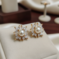 Classic Pearl & Diamond Floral Stud Earrings