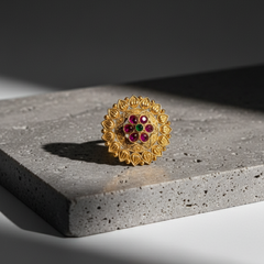 Antique Gold Temple Ring with Ruby & Emerald Accents