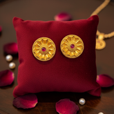 Regal Disc-Style Gold Studs with Ruby Center