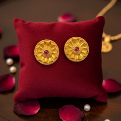 Regal Disc-Style Gold Studs with Ruby Center