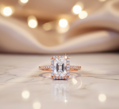 Elegant Rose Gold Emerald-Cut Halo Anti-Tarnish Ring