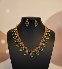 Elegant Emerald Leaf & Ruby Gold Necklace Set