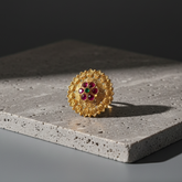 Antique Gold Temple Ring with Ruby & Emerald Accents