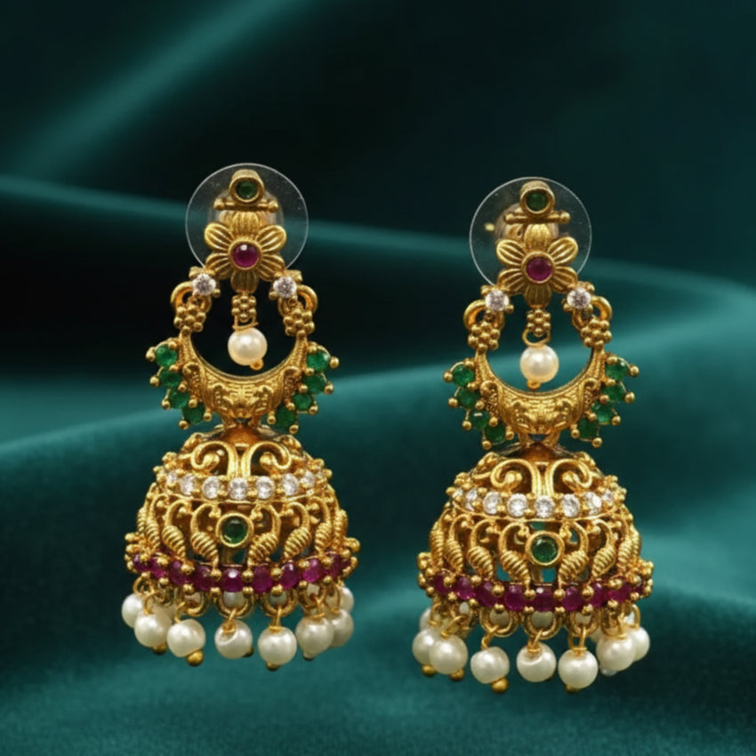 Opulent Antique Gold Jhumkas with Gemstone Embellishments
