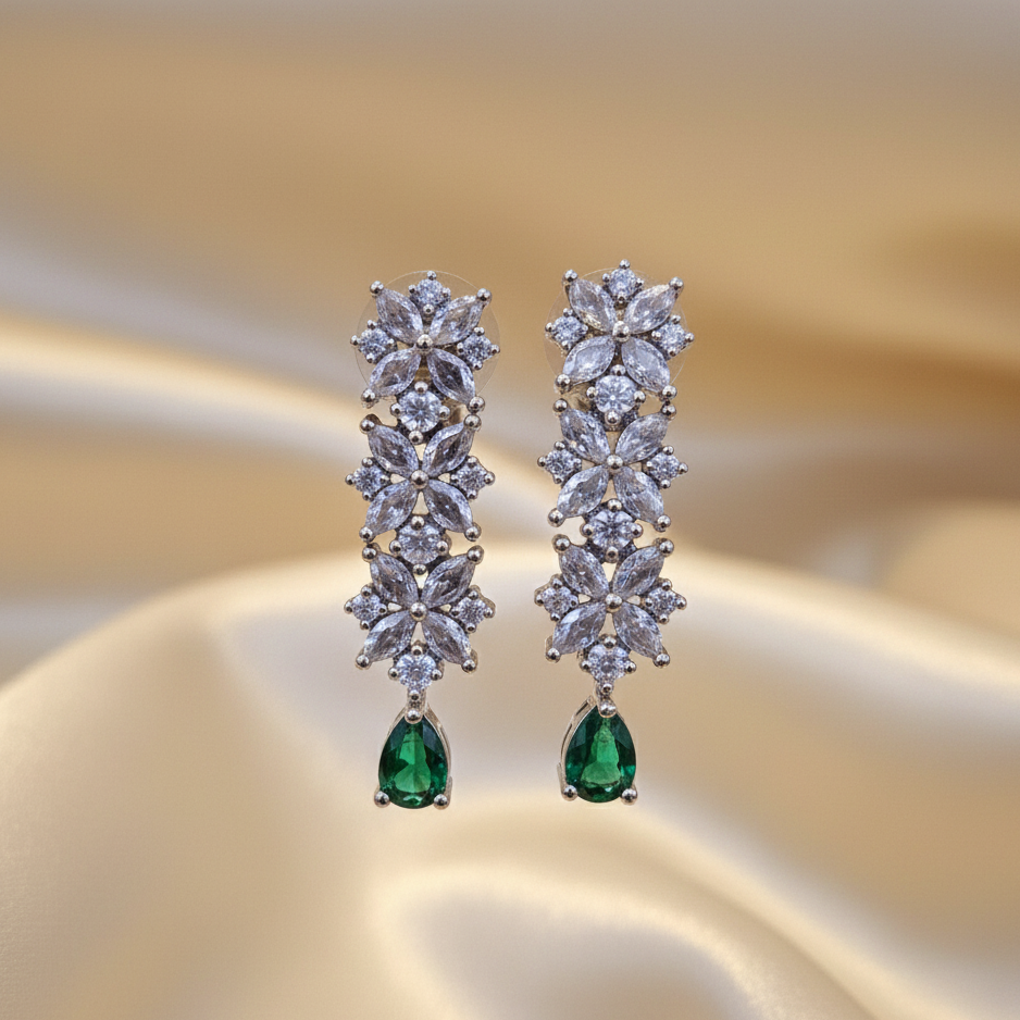 Emerald Drop Earrings with Zirconia Floral Cascade