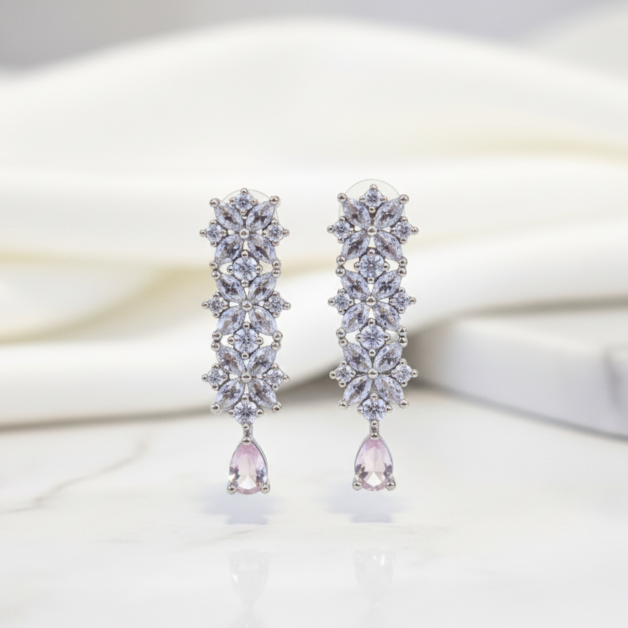 Rose Quartz Drop Earrings with White Zirconia Cascade