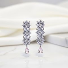 Rose Quartz Drop Earrings with White Zirconia Cascade