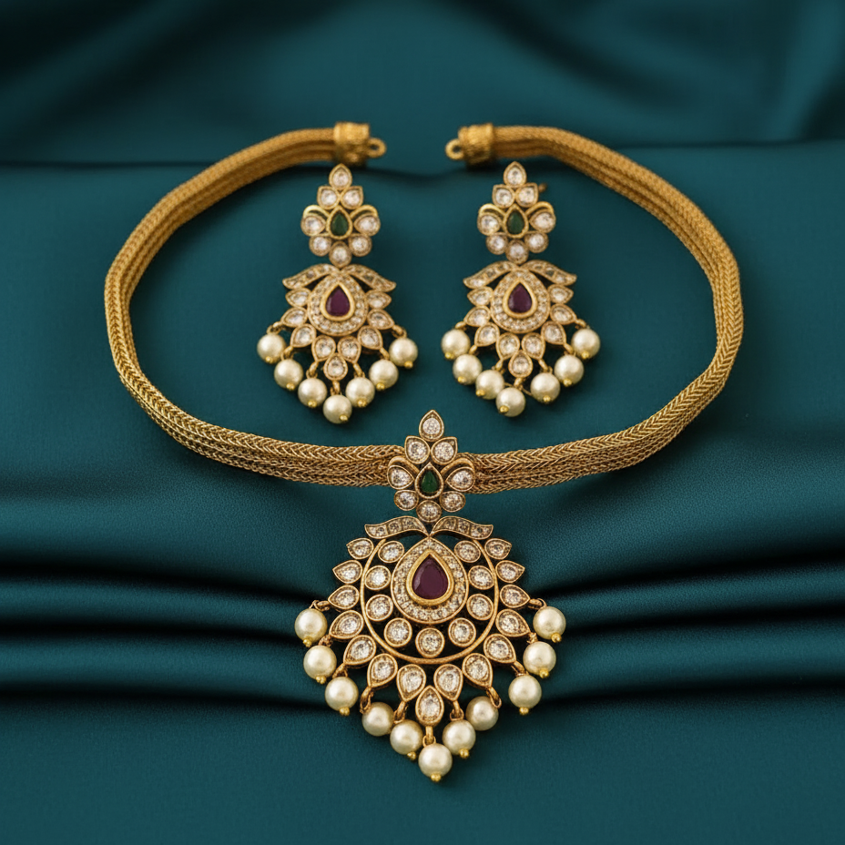 Exquisite Gold-Tone Choker and Pendant Set