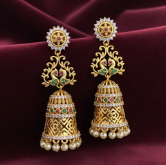 Opulent Gold Jhumka Earrings with Peacock Motif