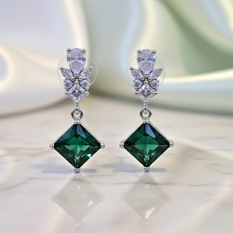 Emerald Green and Zirconia Drop Earrings