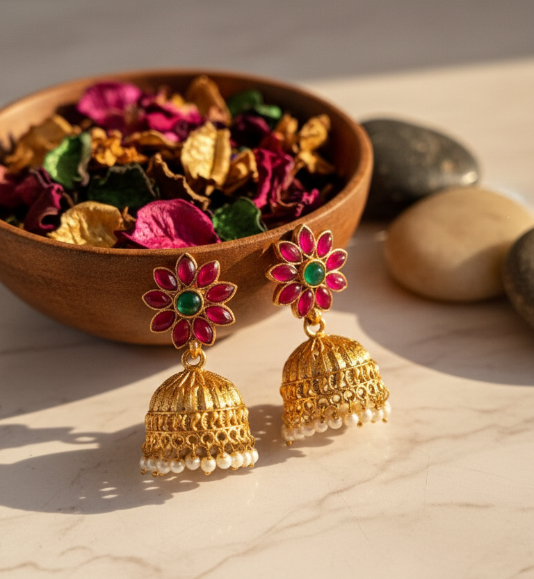 Dual-Tone Floral Jhumka Earrings