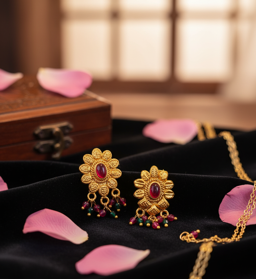 Traditional Floral Drops with Ruby & Bead Accents