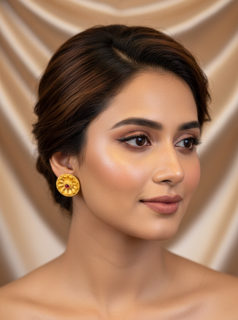 Regal Disc-Style Gold Studs with Ruby Center