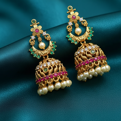 Grand Kundan and Gemstone Jhumka Earrings