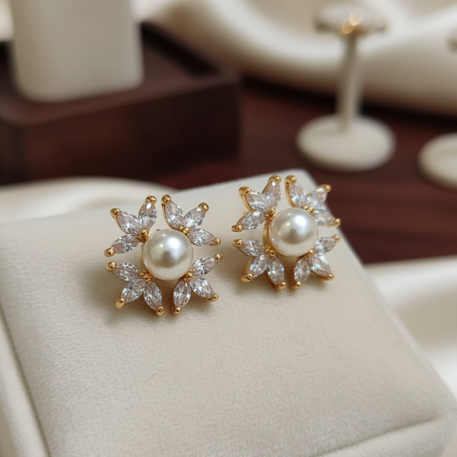 Classic Pearl & Diamond Floral Stud Earrings