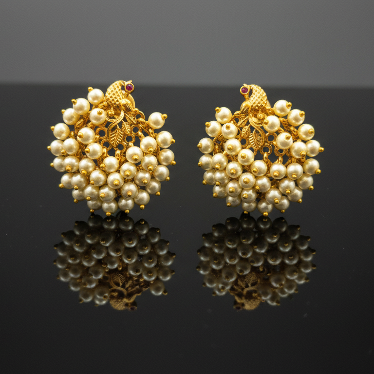Regal Peacock Pearl Cluster Gold Earrings