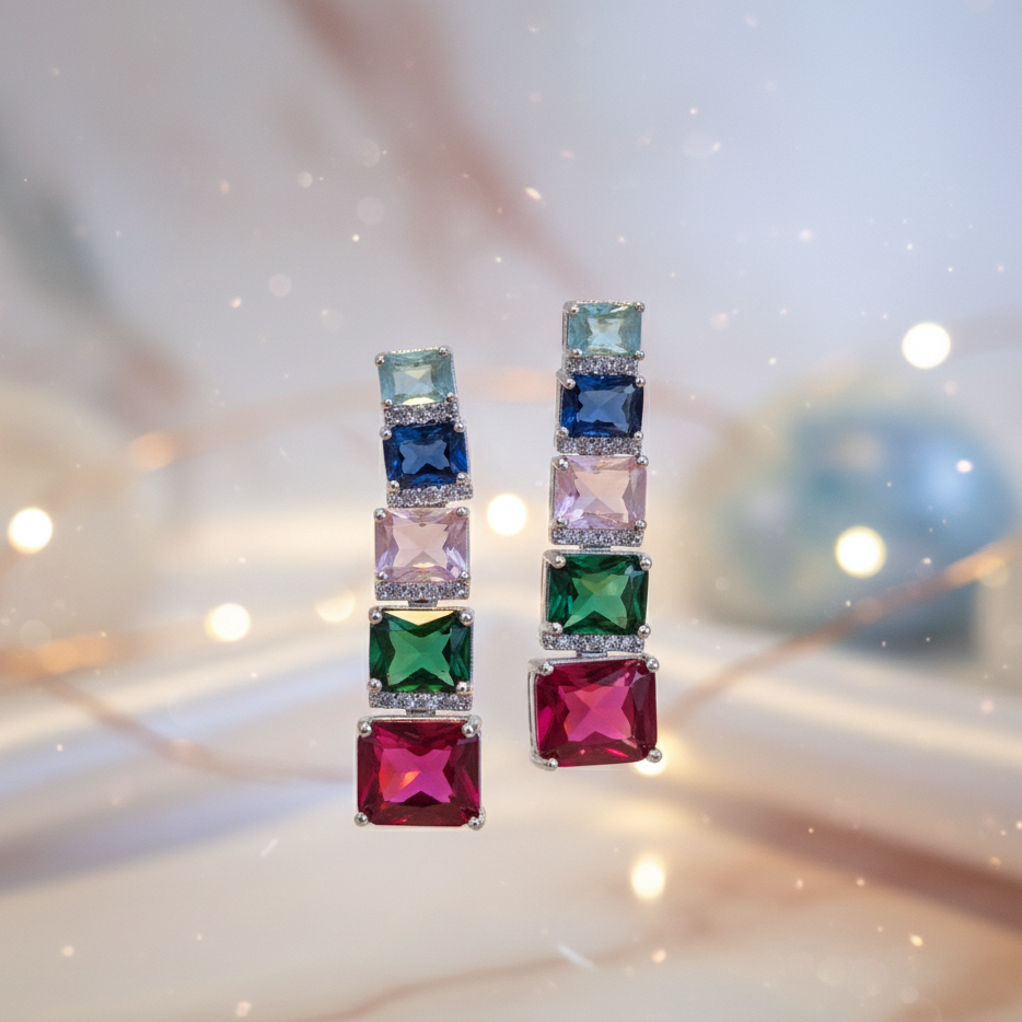 Radiant Multi-Gemstone Square Dangler Earrings