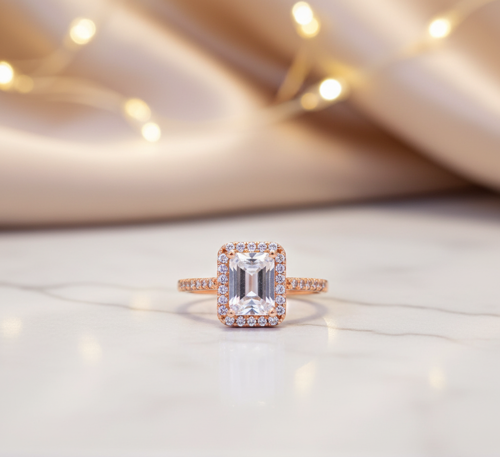 Elegant Rose Gold Emerald-Cut Halo Anti-Tarnish Ring