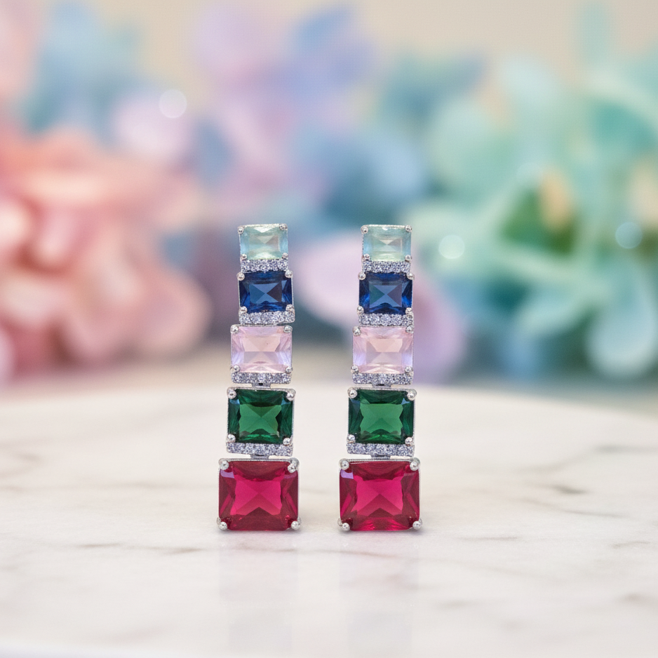 Radiant Multi-Gemstone Square Dangler Earrings