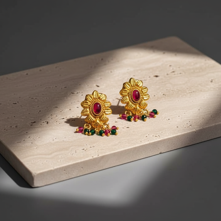 Traditional Floral Drops with Ruby & Bead Accents