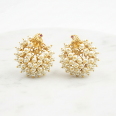 Regal Peacock Pearl Cluster Gold Earrings