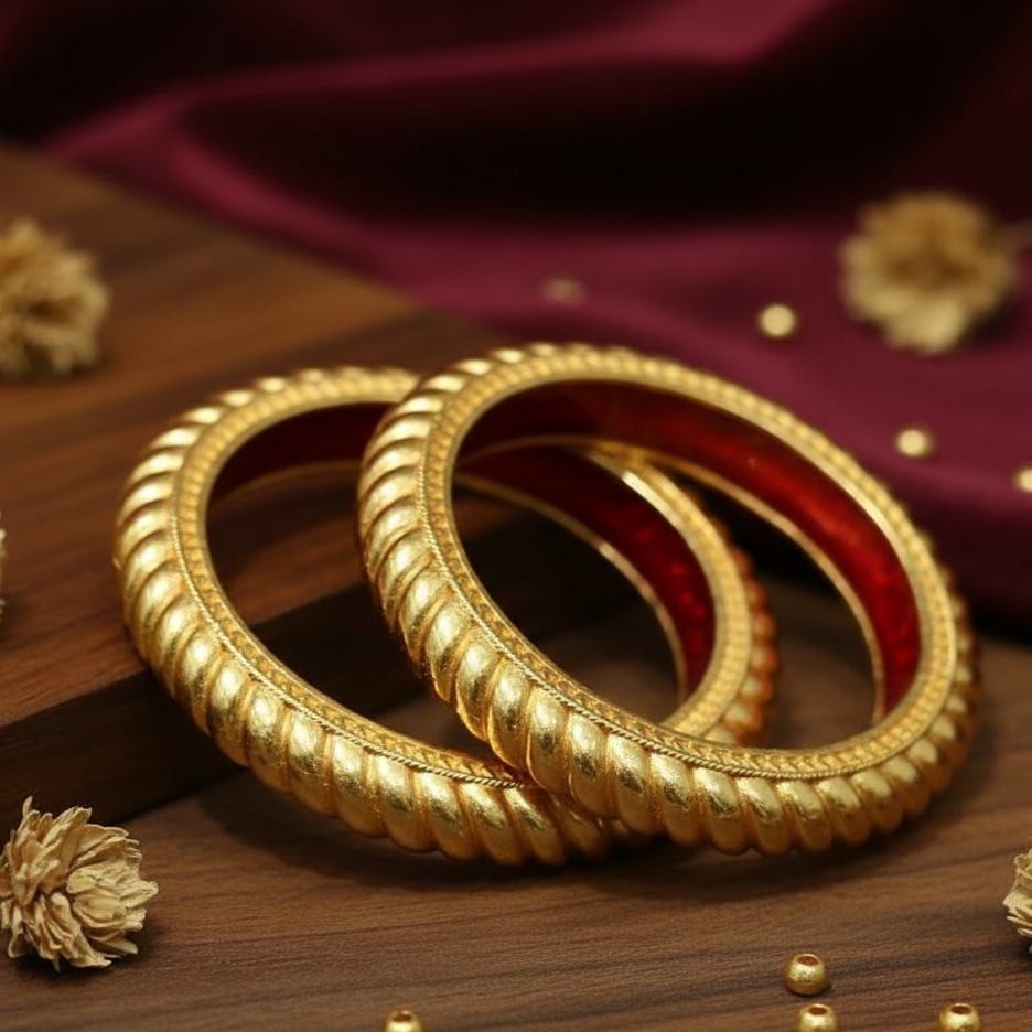 Traditional Textured Gold Bangles with Red Enamel (One Gram Polish)