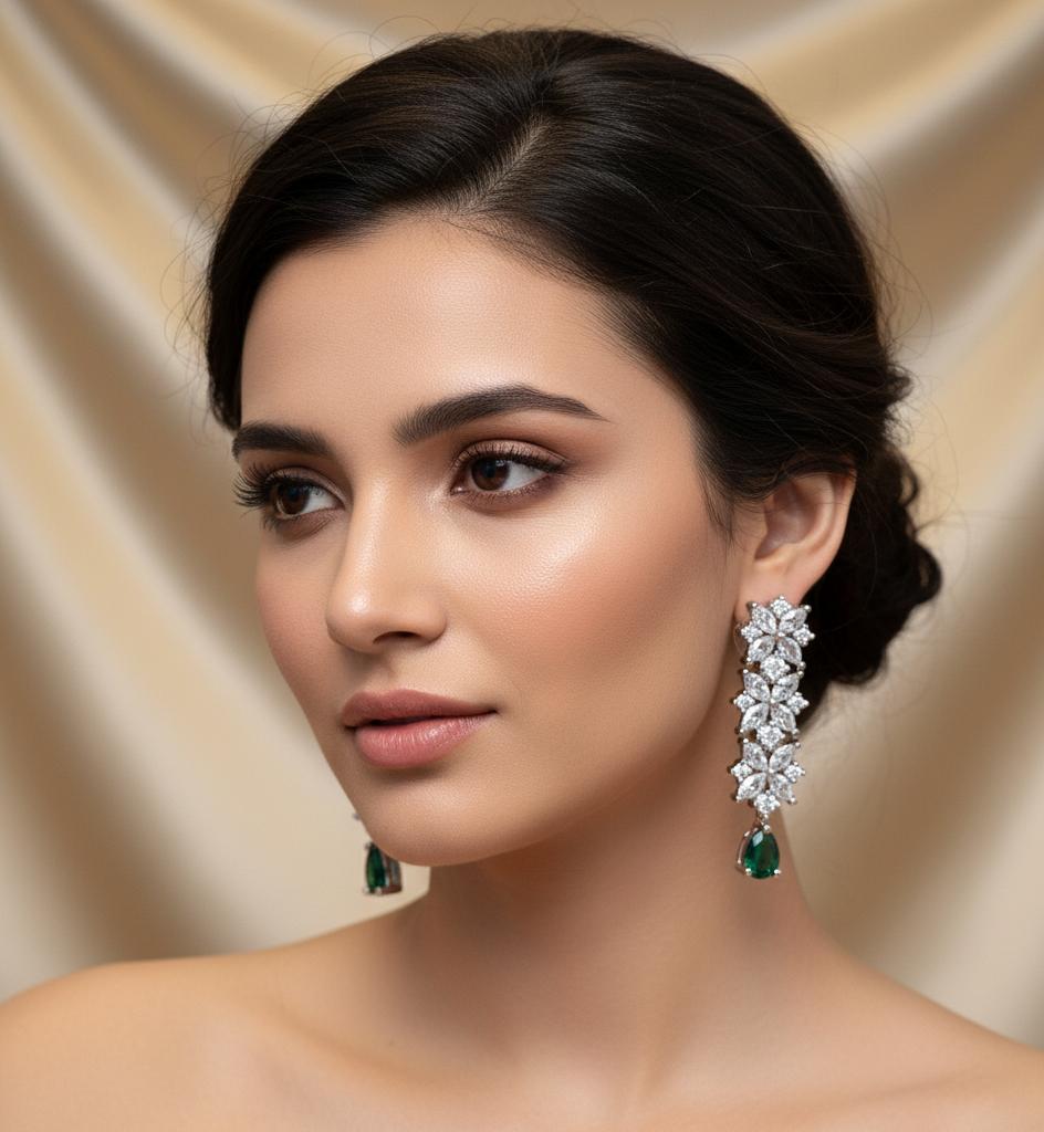 Emerald Drop Earrings with Zirconia Floral Cascade