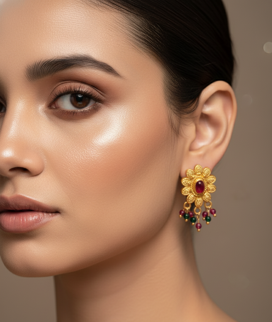 Traditional Floral Drops with Ruby & Bead Accents