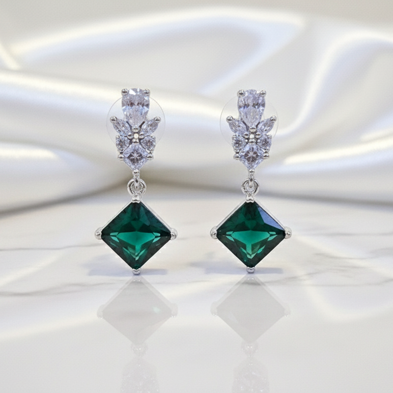 Emerald Green and Zirconia Drop Earrings