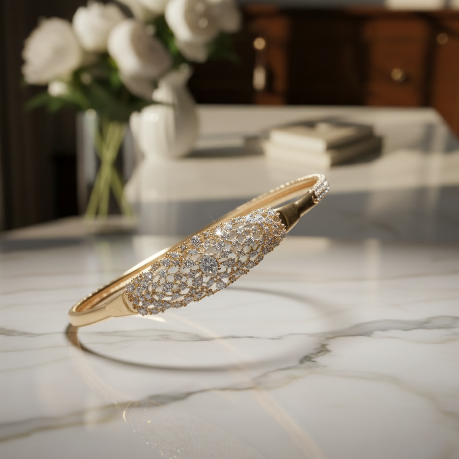 Intricate Diamond-Set Dome Anti-Tarnish Bangle in Gold