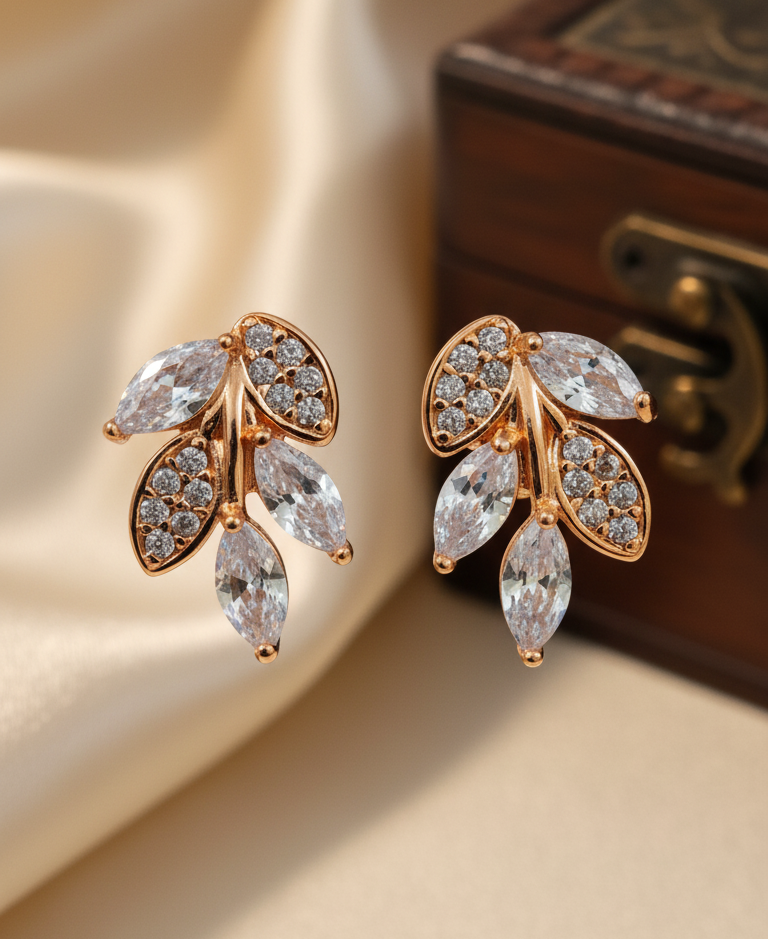 Elegant Leaf Cluster Diamond Stud Earrings