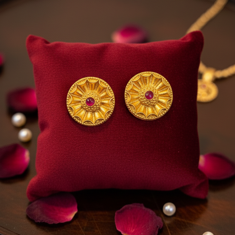 Regal Disc-Style Gold Studs with Ruby Center