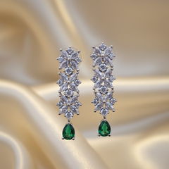 Emerald Drop Earrings with Zirconia Floral Cascade