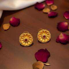 Regal Disc-Style Gold Studs with Ruby Center