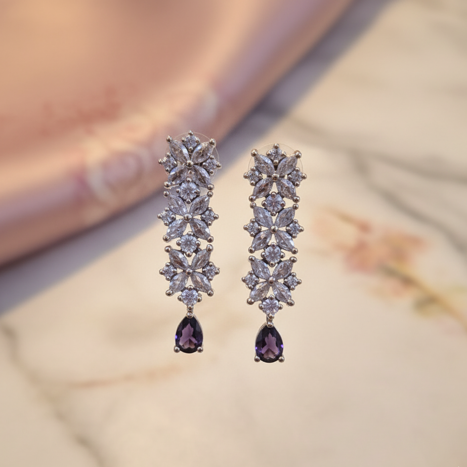Amethyst Drop Earrings with Sparkling Floral Clusters