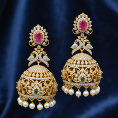 Grand Stone-Studded Peacock Jhumka Earrings
