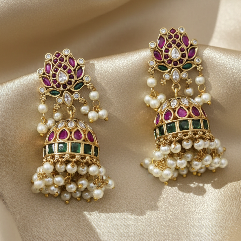 Grand Navratna-Style Jhumka Earrings with Heavy Pearl Drops