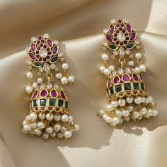 Grand Navratna-Style Jhumka Earrings with Heavy Pearl Drops