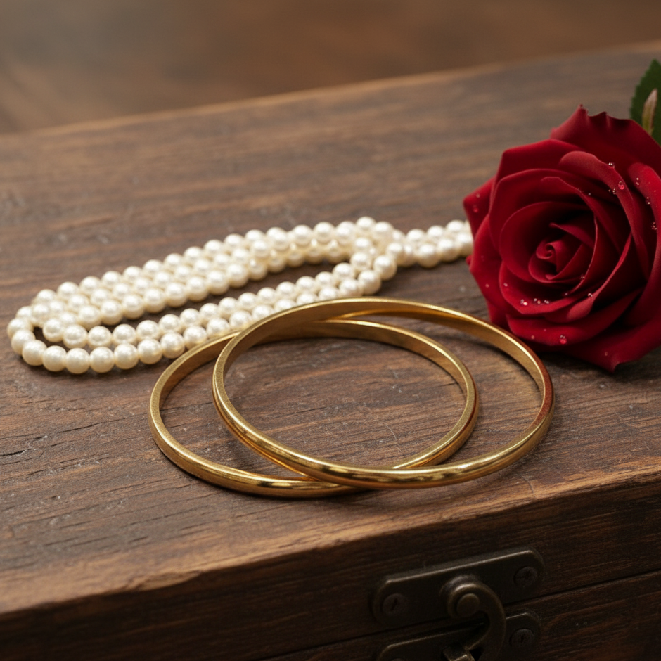 Classic Gold Bangles and Pearls on Velvet