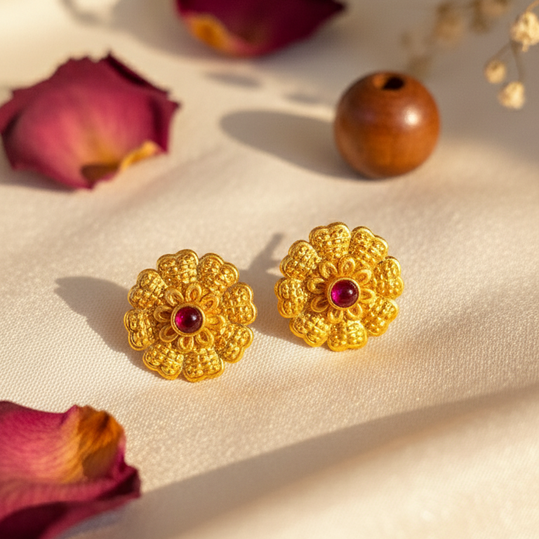 Ornate Filigree Gold Flower Studs