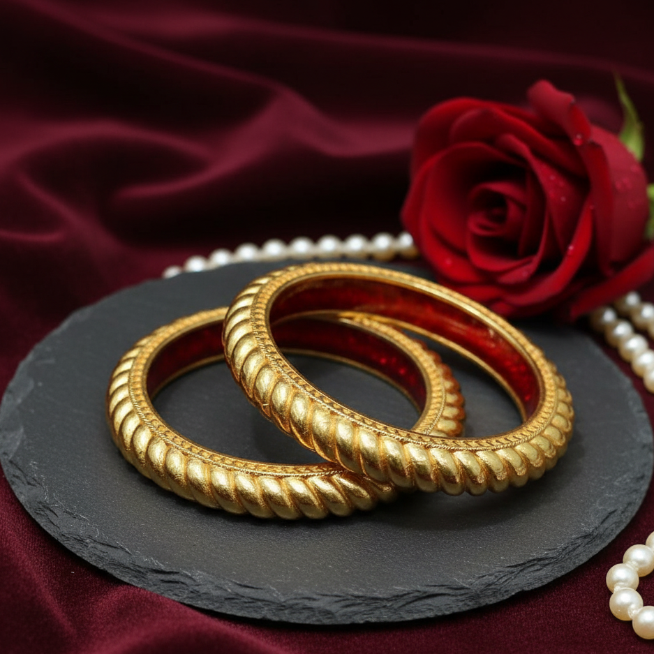 Traditional Textured Gold Bangles with Red Enamel (One Gram Polish)