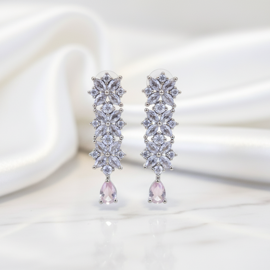 Rose Quartz Drop Earrings with White Zirconia Cascade