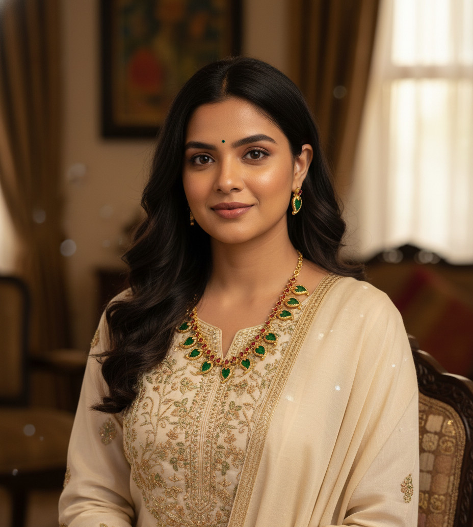 Elegant Emerald Leaf & Ruby Gold Necklace Set