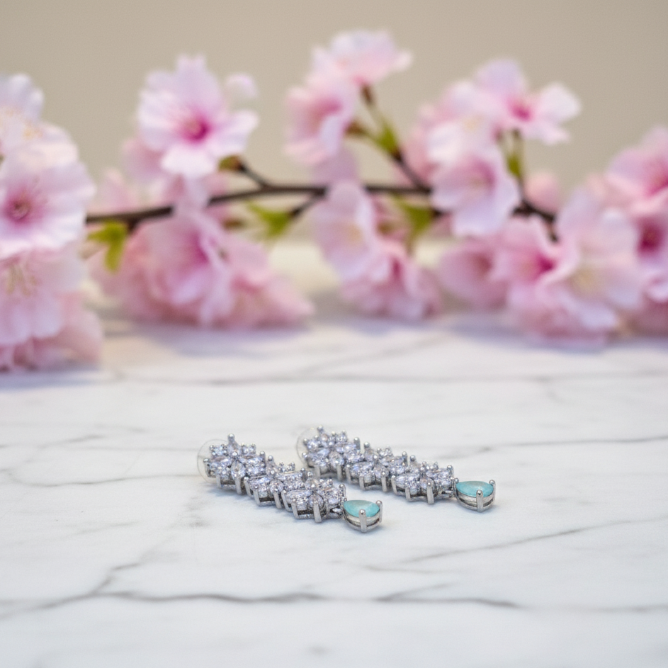Sparkling Floral Cascade Drop Earrings with Aqua Accent