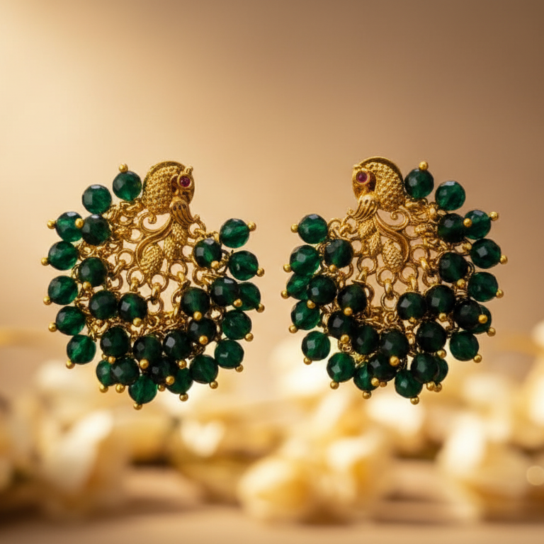 Majestic Peacock-Inspired Emerald Gold Earrings